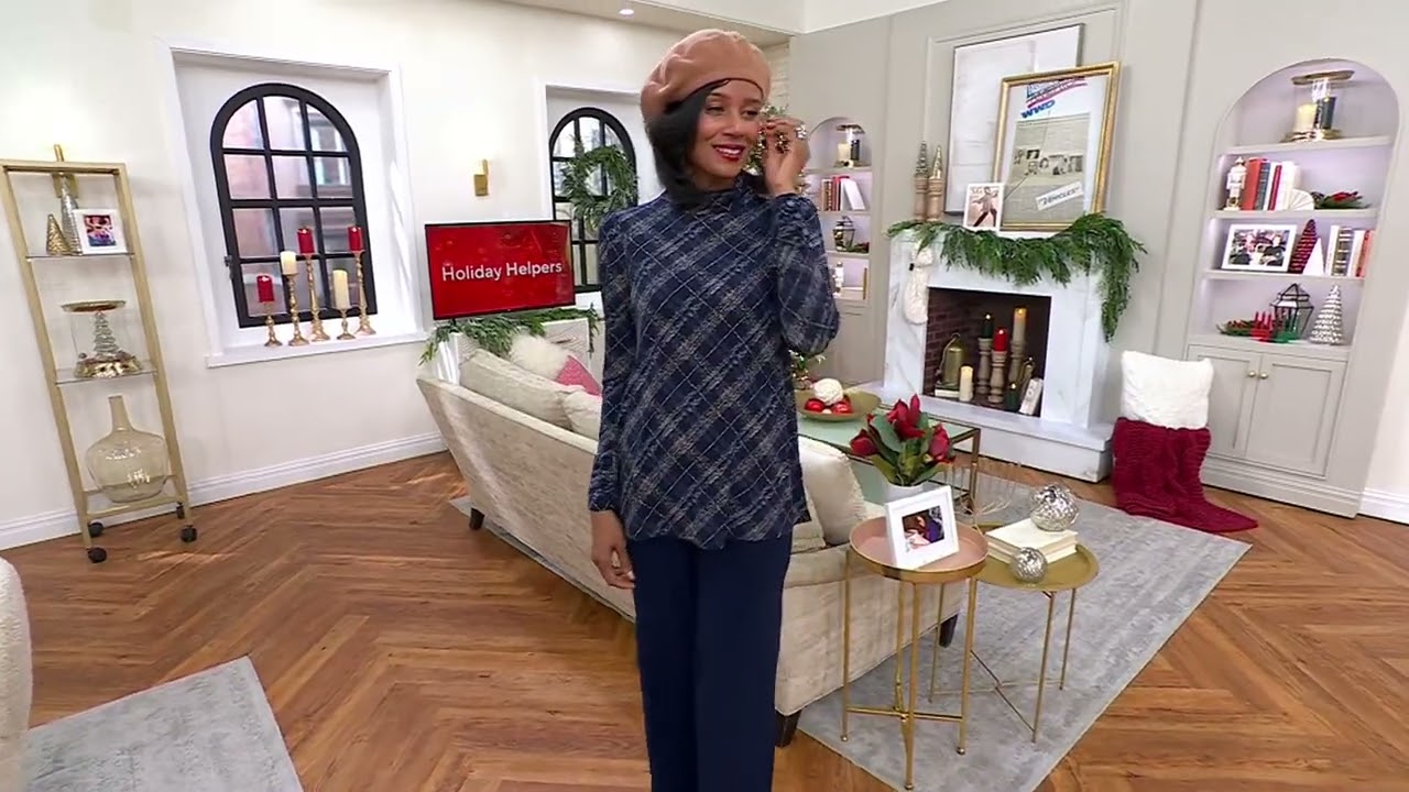Susan Graver Printed Liquid Knit Mock-Neck A-Line Top Button Trim on QVC