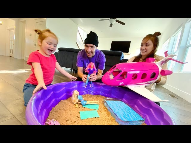 BARBIE BEACH inside our HOUSE!! Dream Plane pretend vacation with swimming pool and pet dogs! class=