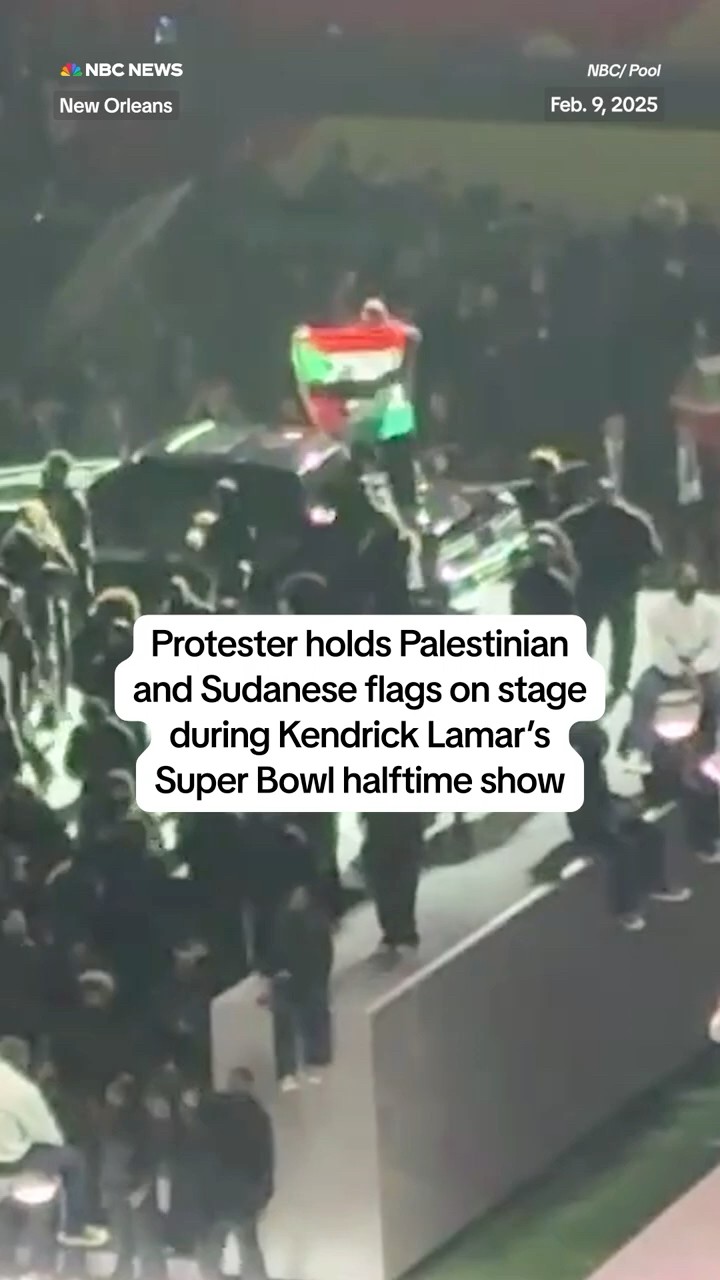 Protestor holds Palestinian and Sudanese flags on stage during Kendrick Lamar's Super Bowl halftime