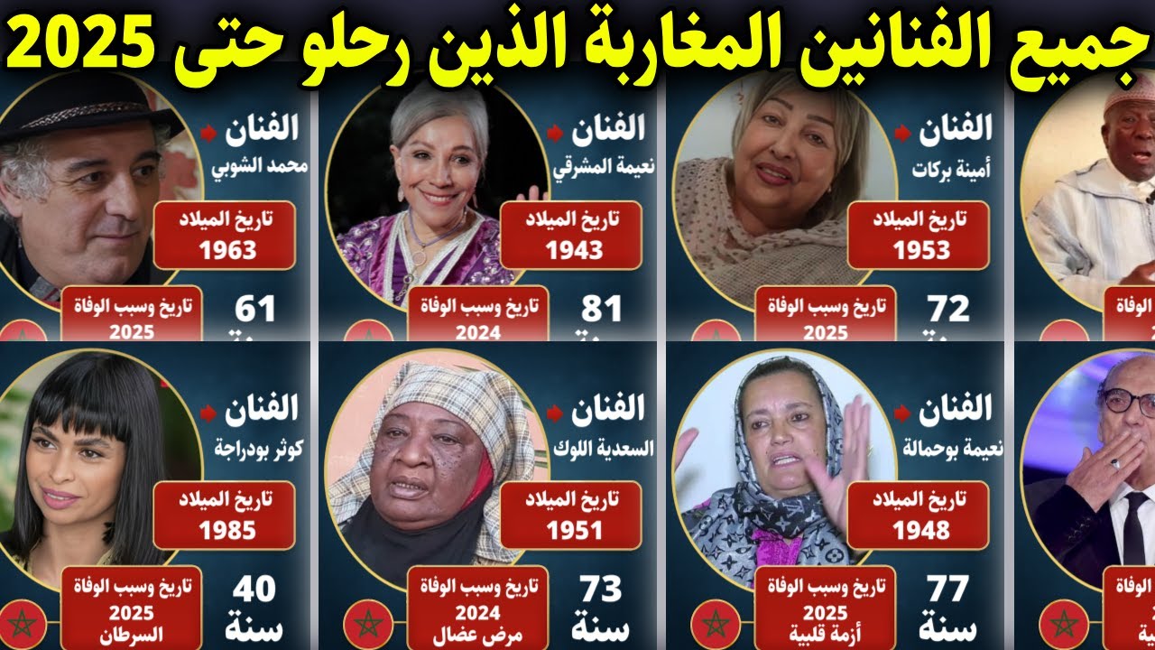 جميع وفيات الممثلين المغاربة الى غاية 2025 مع الصور وسبب الوفاة | فنانين مغاربة رحلو الى دار البقاء