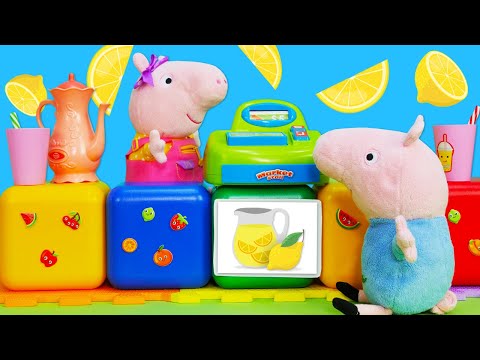 Lemonade for everyone! Peppa and George stuffed animals set up a stand and make lemonade!