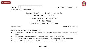 BCOM 3RD SEM HONS MERCANTILE LAW DEC 2022 | PTU
