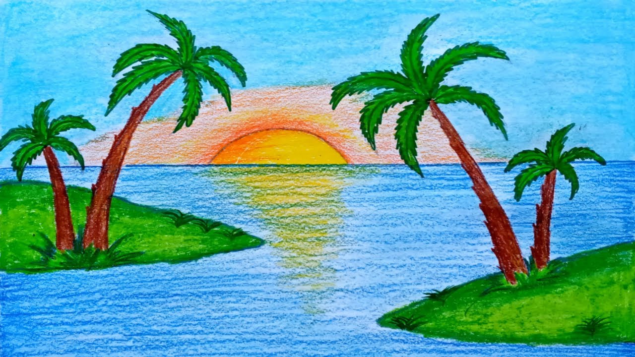 How to draw Island | easy Island drawing | Island scenery drawing with ...