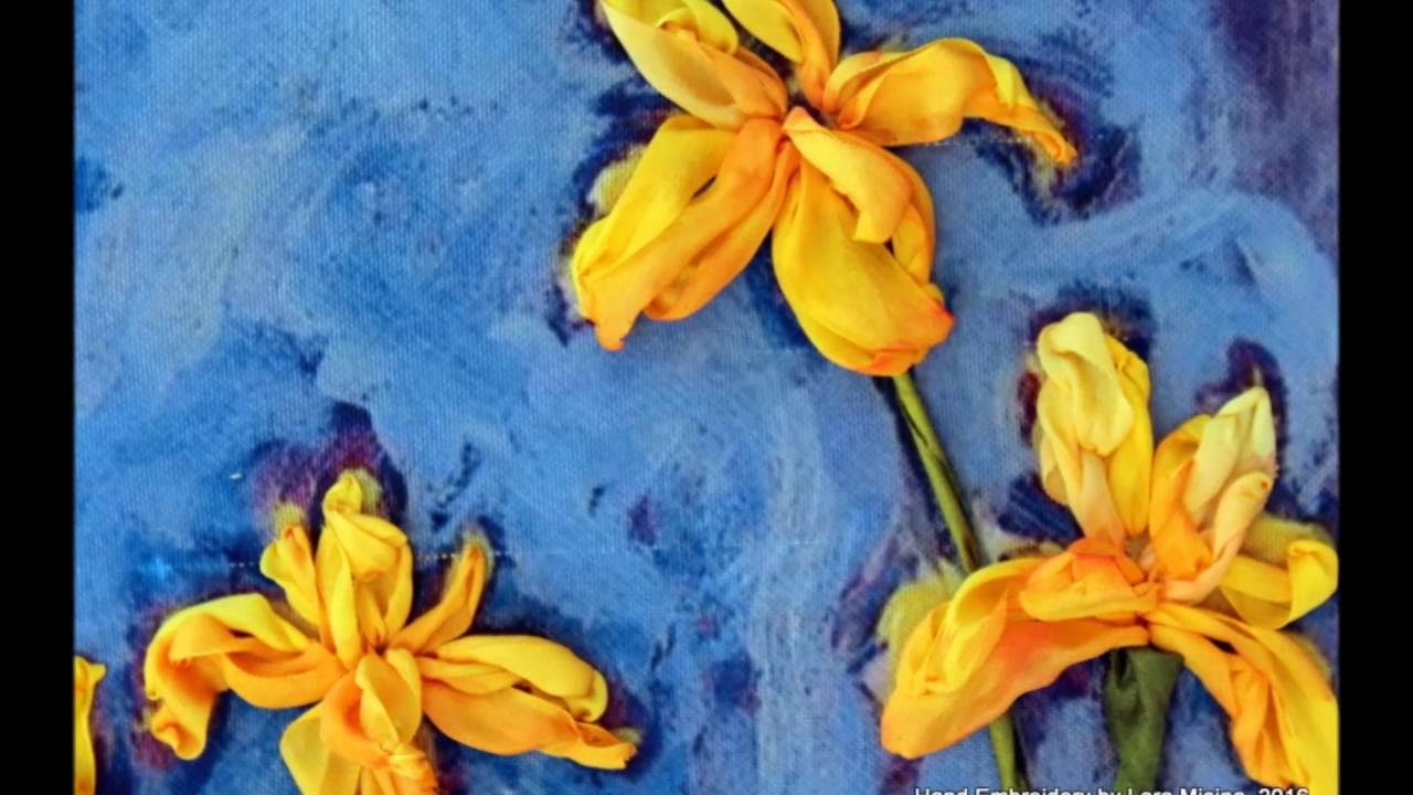 Irises Art flowers based of paintings by Claude Monet - Вышивка лентами ...