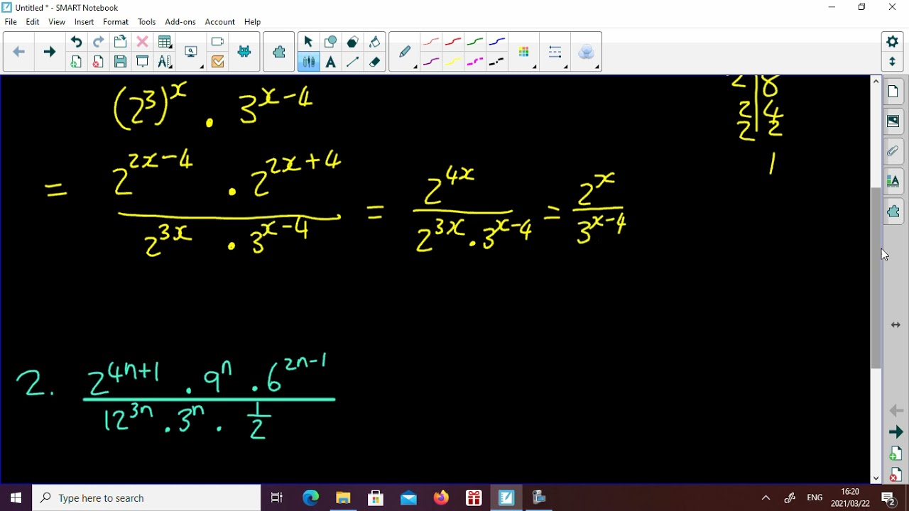 Vermenigvuldig en deel eksponente met verskillende basisse.