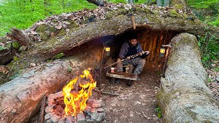 Building a Natural SHELTER inside Big TREE  Bushcraft SURVIVAL Camping. Outdoor Cooking