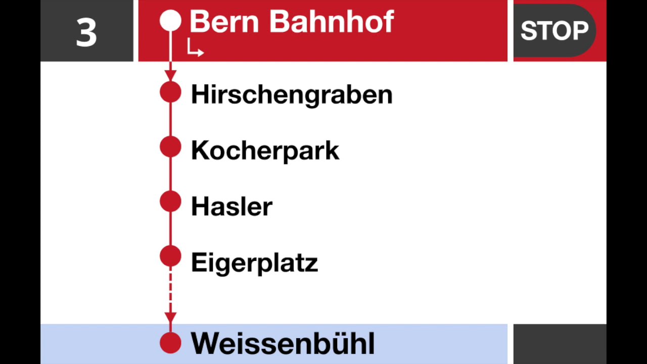 SVB/Bernmobil Ansagen • Tram 3 • Bern Bahnhof – Eigerplatz – Weissenbühl