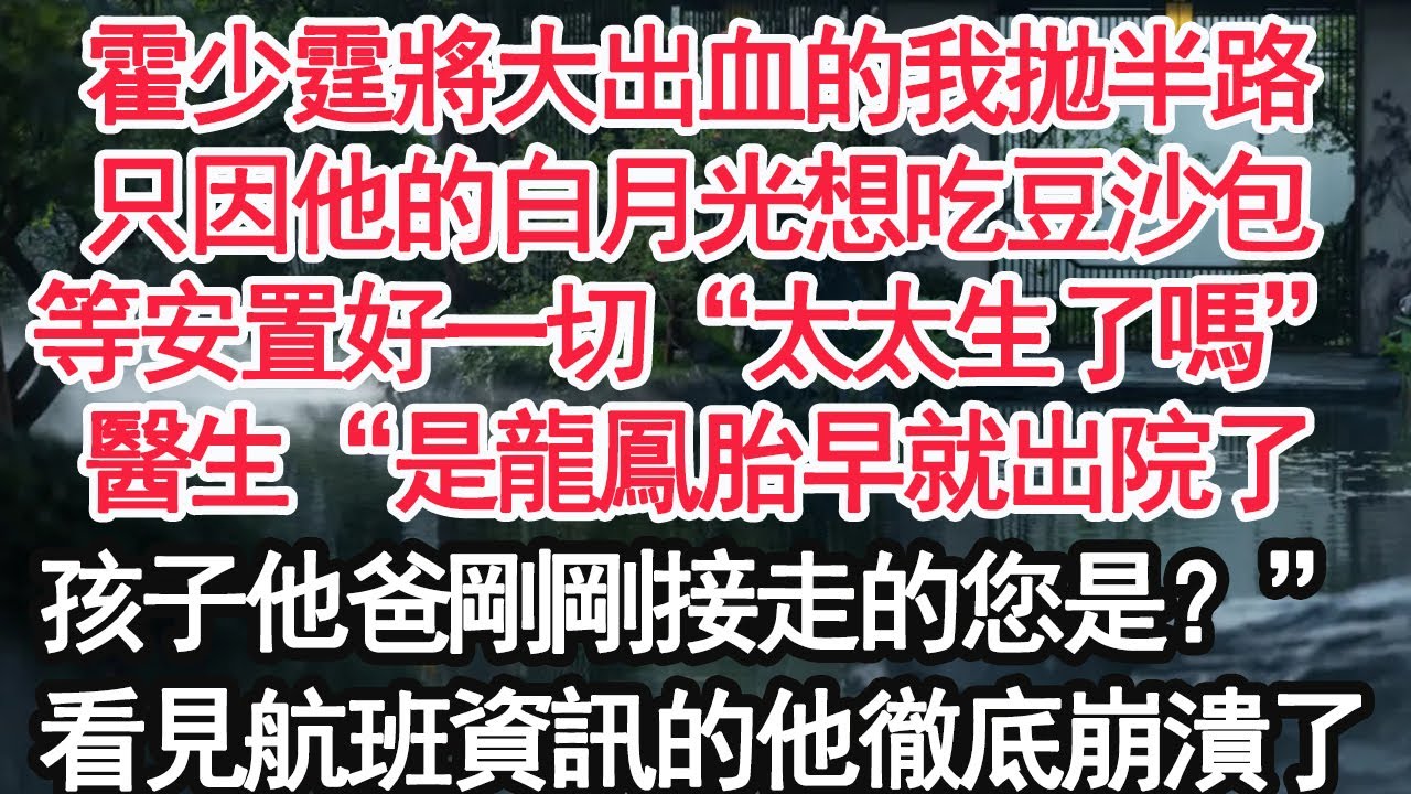 霍少霆將大出血的我拋半路，只因他的白月光想吃豆沙包，等安置好一切“太太生了嗎”醫生“是龍鳳胎早就出院了，孩子他爸剛剛接走的您是？”看見航班資訊的他徹底崩潰了【顧亞男】【大女主】【爽文】【婚姻自主】