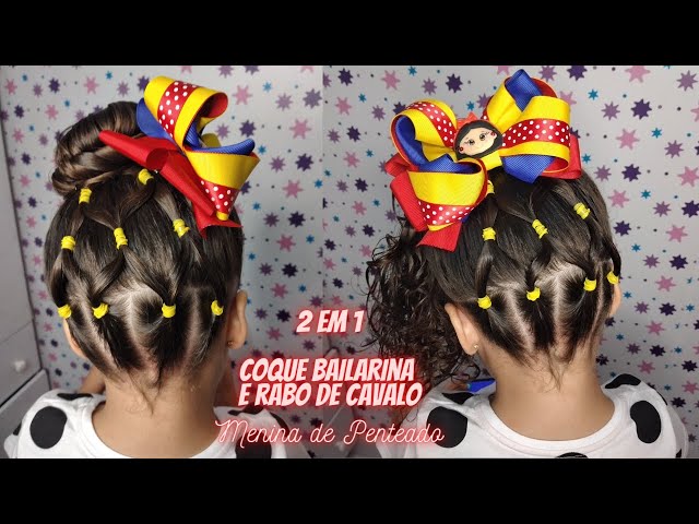 Penteado infantil com coque bailarina e amarração com liguinhas, SUPER FÁCIL!!!  