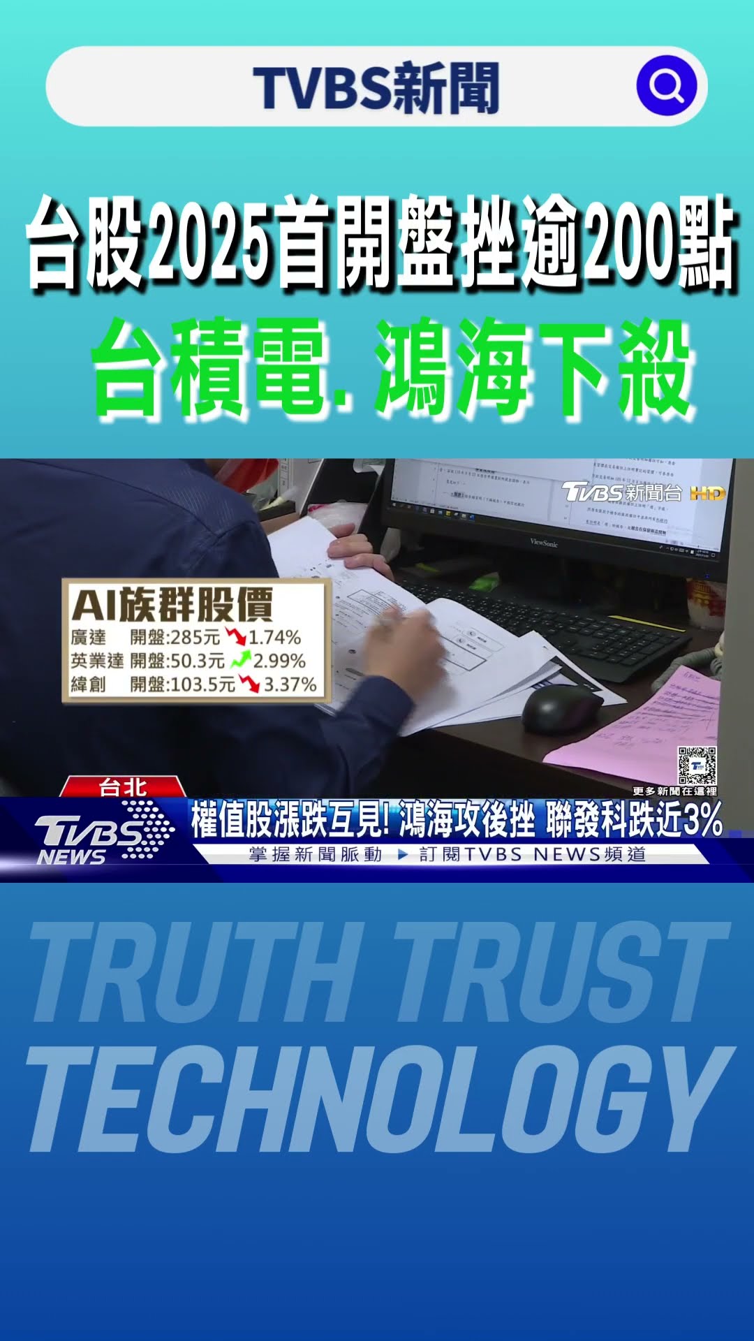 醒醒啊! 台股2025首開盤挫逾200點 台積電.鴻海下殺｜TVBS新聞 @TVBSNEWS01
