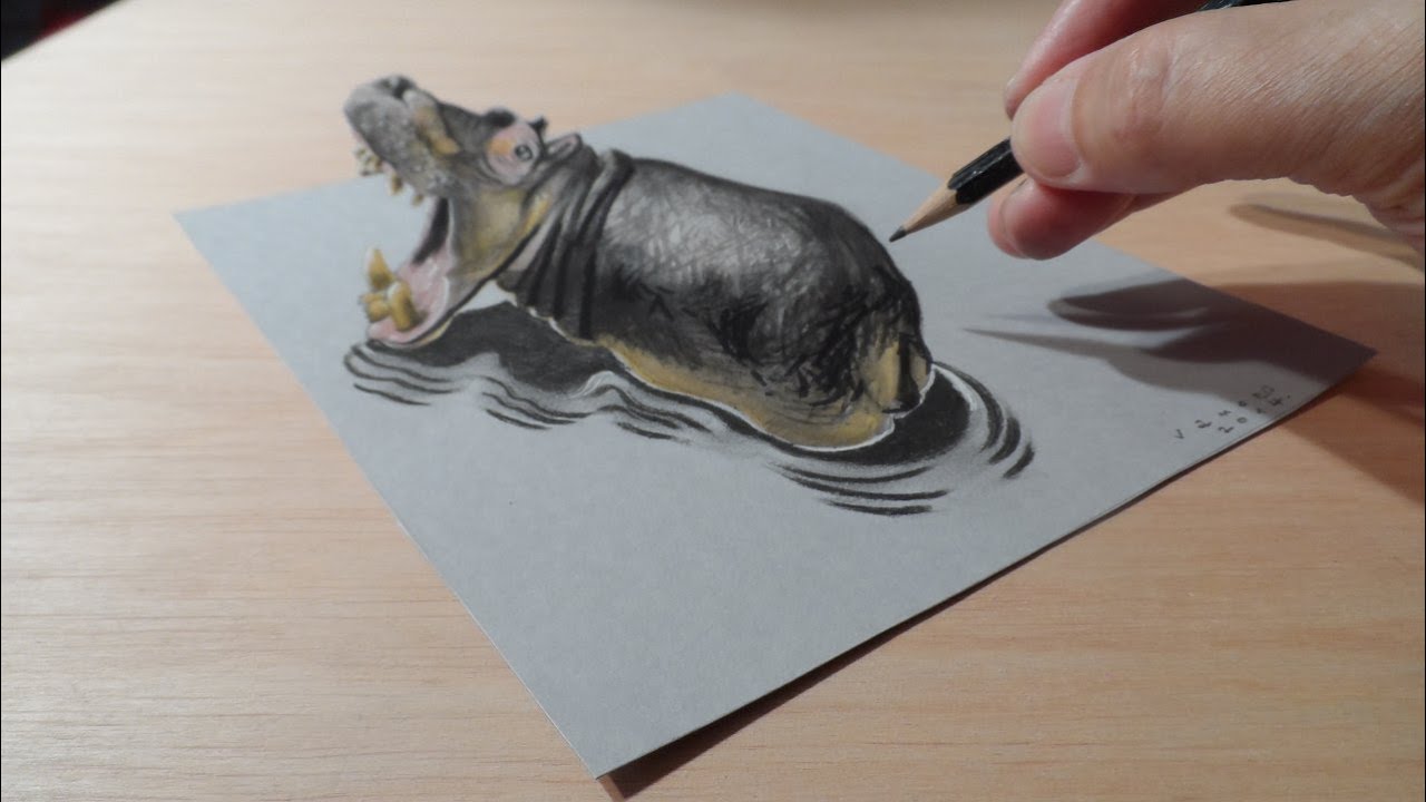 ⁣Drawing a Hippo, Trompe-l'oeil by Vamos