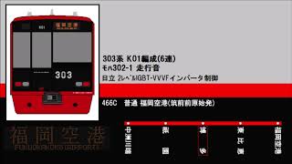 【走行音】JR九州303系(ﾓﾊ302-1/日立VVVF) 中洲川端⇒福岡空港