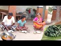 village grandma cooking bottle gourd leaf curry with small fish for her family || tribe community