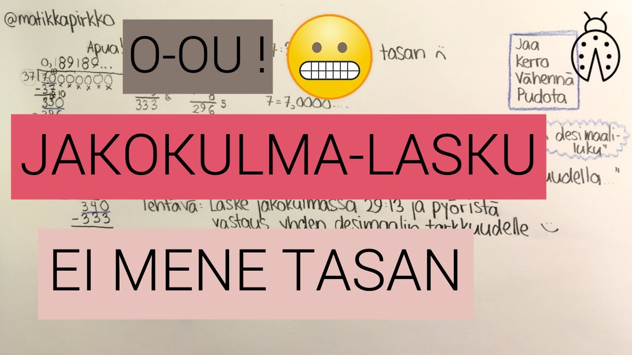 Jakokulma: Jakaminen 7:37 ei lopu! Mikä eteen kun jakolasku ei mene tasan? 😬 // Matikkapirkko