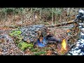 Solo Winter Bushcraft Camping in Snowfall Build Natural Survival Shelter Sod Earth & Moss Roof