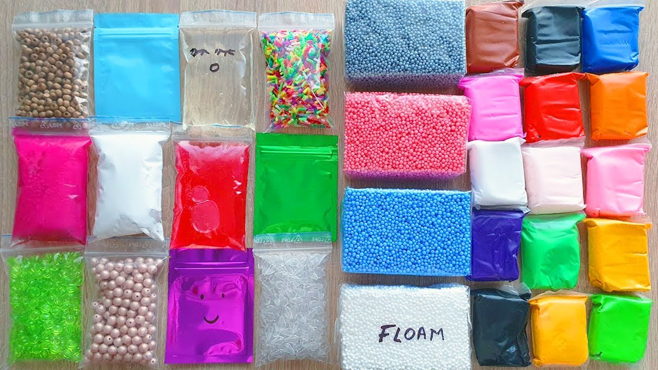 Making Crunchy Slime with Bags Foam Bricks and Clay