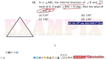 In a  △ABC, the internal bisectors of  ∠B and  ∠C meet at O. if angle  ∠BAC = 72 deg , then the