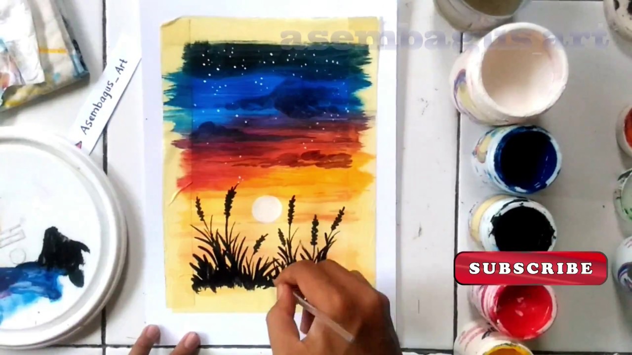 Lukisan Senja Dan Ilalang Menggunakan Cat Akrilik Youtube