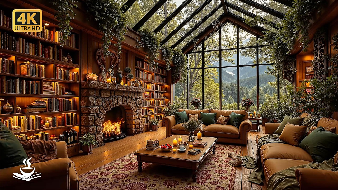 Cozy Rainy Library Jazz with Crackling Fireplace | Bookish Ambience, Study & Deep Reading Focus
