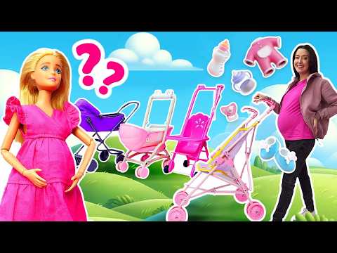 Barbie doll and Katie show off baby gear and choose strollers.
