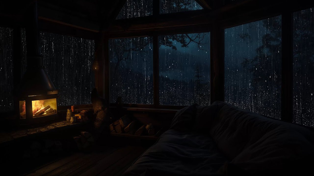 Night Rain in Forest Cabin with Fire Ambience | Relaxing Fireplace Sounds for Better Sleep