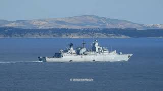 German Navy frigate F215 FGS Brandenburg southbound Chios Strait in east Aegean Sea.