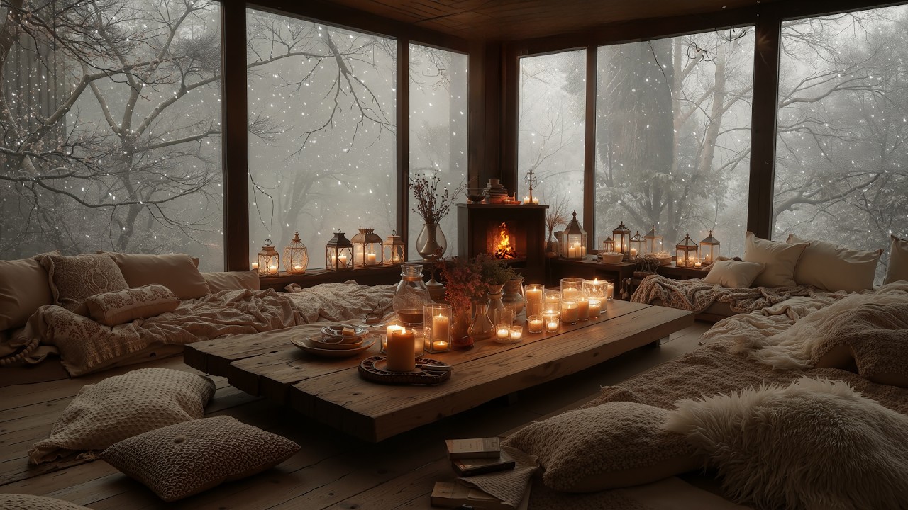 Warm March Night in a Forest Cabin 🌙 Soft Piano, Falling Snow & Cozy ...