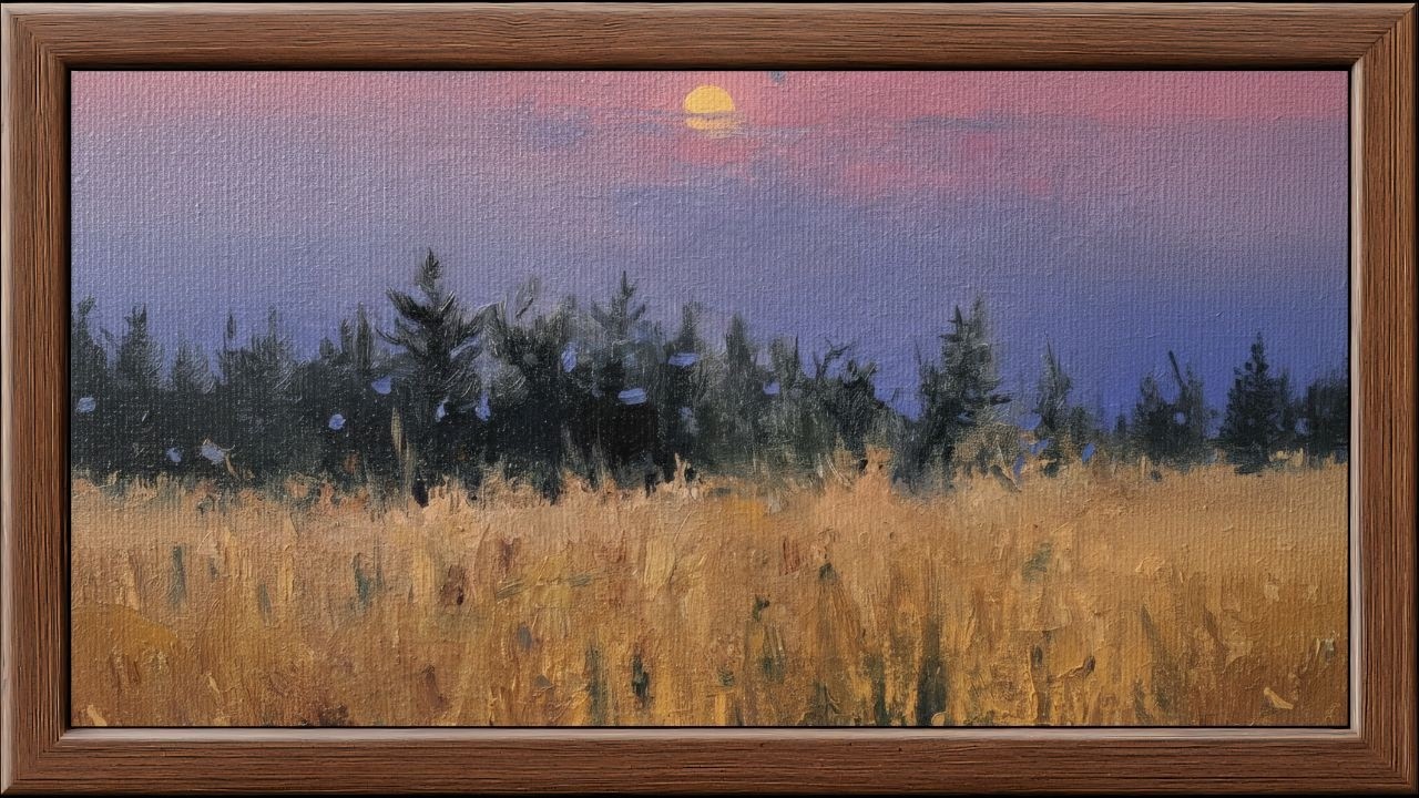 Golden Field Sunset Painting | Moody Landscape Art for Samsung Frame TV | Illusion Fine Art