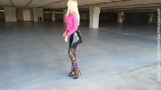 DANA LABO 4k - blonde girl, multicolor boots overknee high heels, shiny leggings, leather jacket