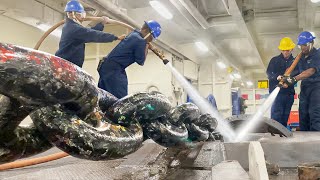 US Sailors Perform Extreme Cleaning On Gigantic Aircraft Carrier Anchor Chain