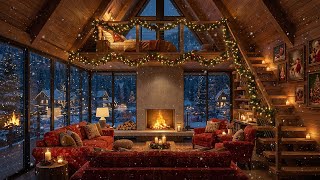 Festive Cabin Winter Ambience & Christmas Jazz 🔥Crackling Fireplace & Gentle Snowfall for Great Mood