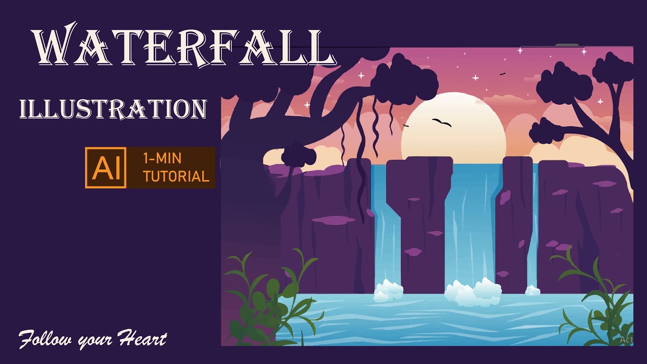 Waterfall illustration || 1 Minute Tutorial || landscape || illustrator ...