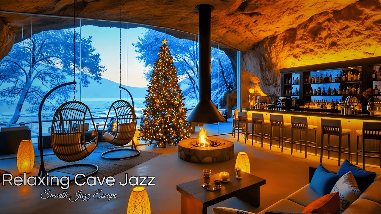Lakeside Christmas Cave Ambience 🎄 Cozy Fireplace, Soft Relaxing Jazz & Peaceful Holiday Vibes