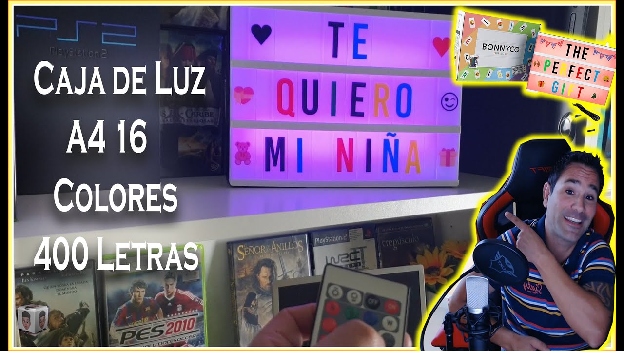 Caja de luz de cine que cambia de color con 400 letras y emojis, control  remoto y 2 marcadores, BONNYCO | Caja de luz LED de 16 colores para