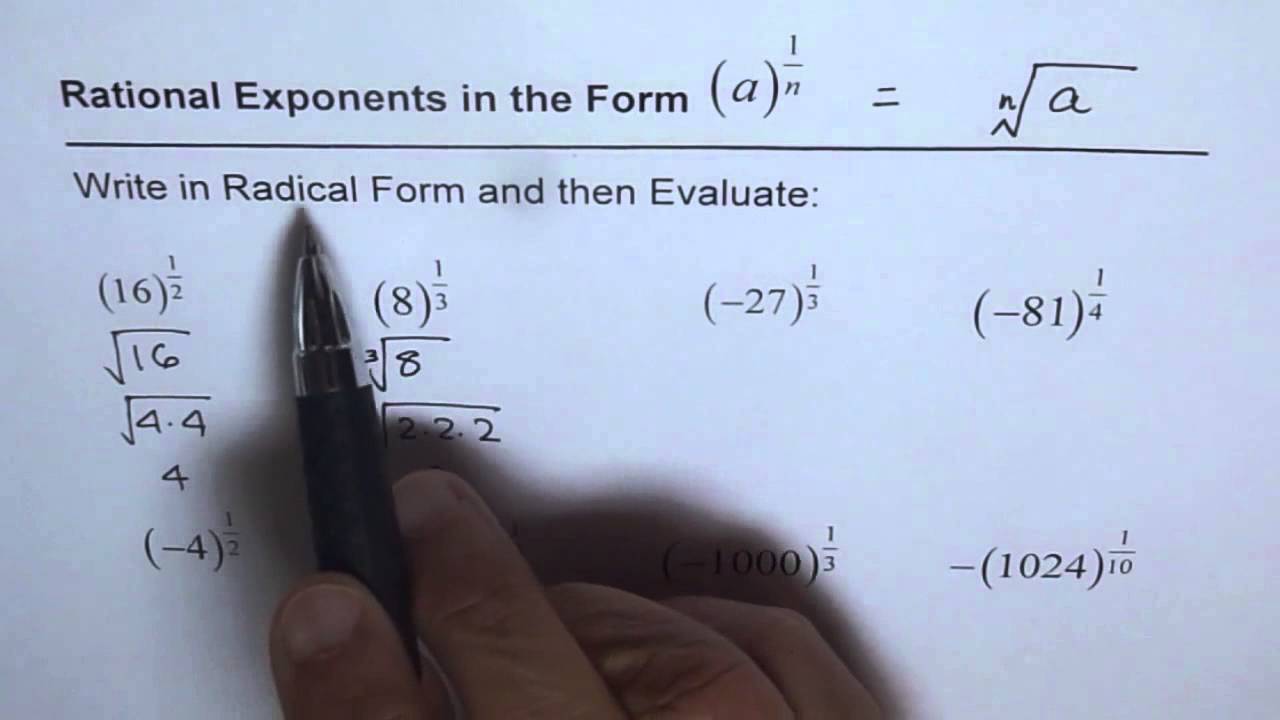Write in Radical Form and Evaluate Rational Exponent