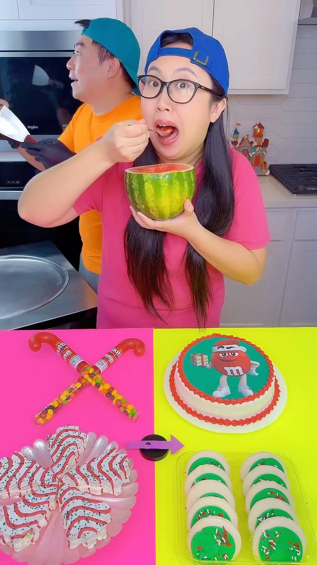 M\u0026M’s cake vs watermelon ice cream challenge!? #funny by Ethan Funny Family
