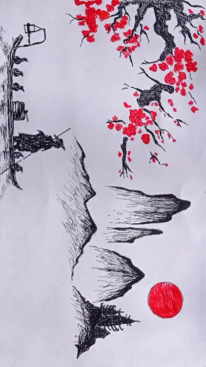 Draw Cherry Blossoms, Red Sun & River Boat 🌸🎨 #InkDrawing #CherryBlossoms #Shorts
