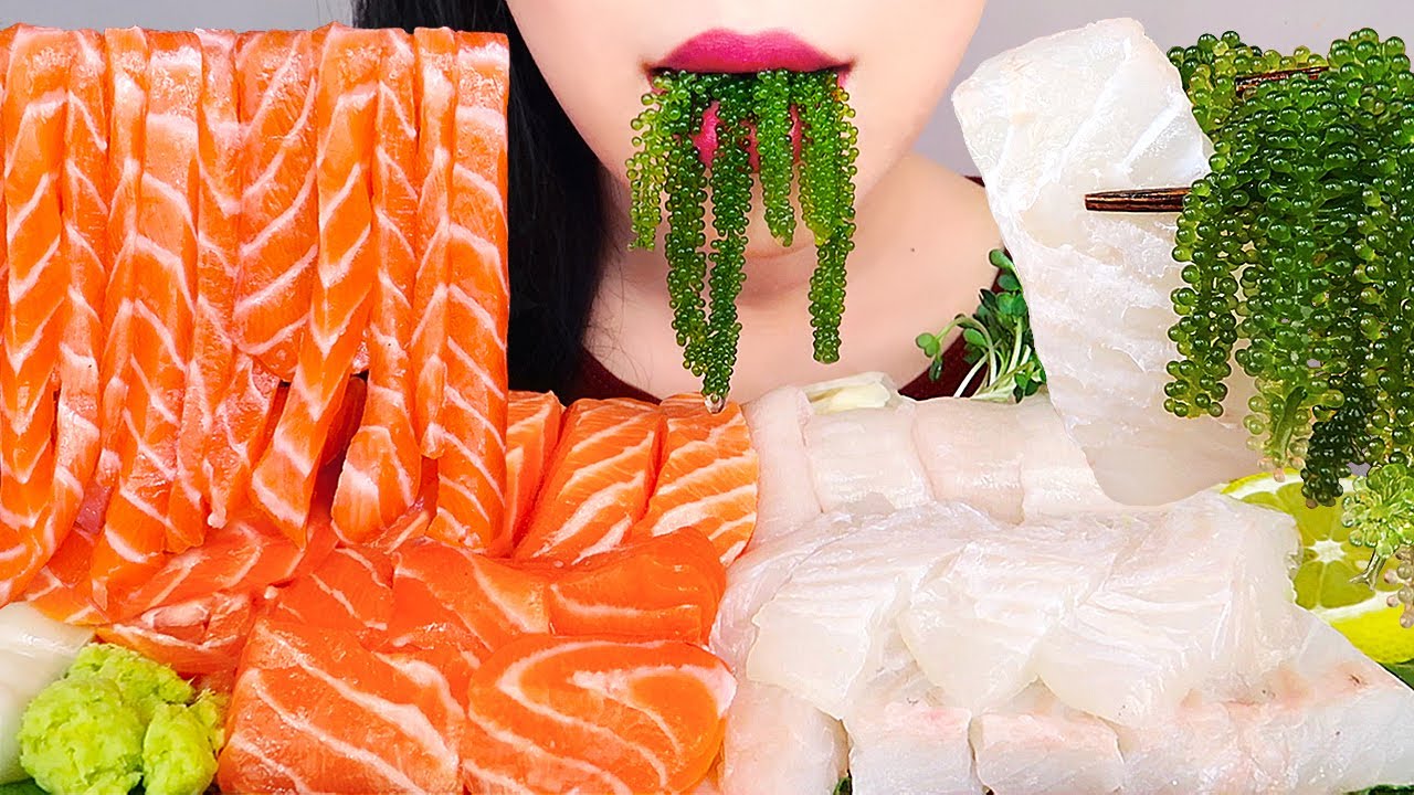 ASMR SALMON NOODLES 연어국수, 광어회, 연어회 먹방 RAW FLAT FISH *FRESH SEAFOOD MUKBANG* NO TALKING EATING SOUNDS