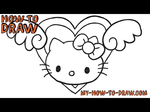 Hello Kitty drawing with love heart, How to draw Hello Kitty step by step