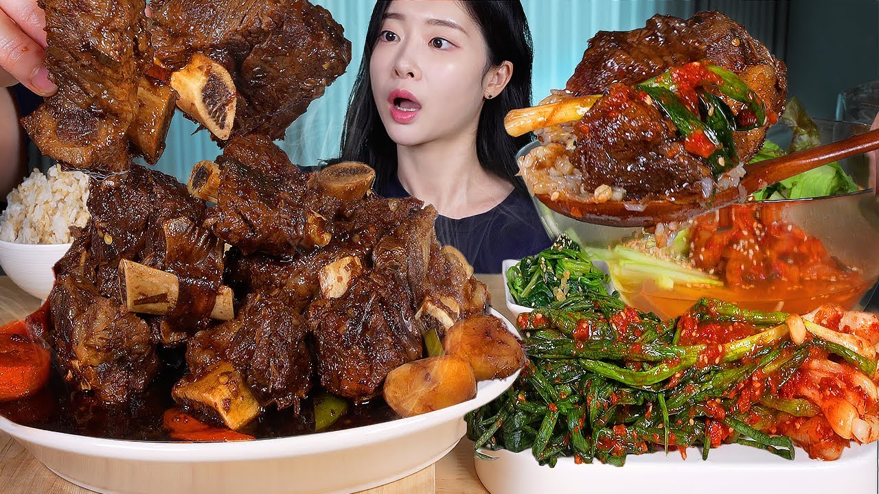 ASMR MUKBANG | Супер сочные тушёные говяжьи рёбрышки (Гальбиджим) Мясо отходит от костей! кимчи