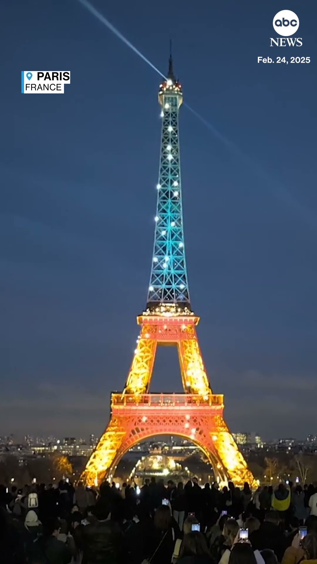 Eiffel tower lit up in colors of Ukrainian flag for third anniversary of Russian invasion