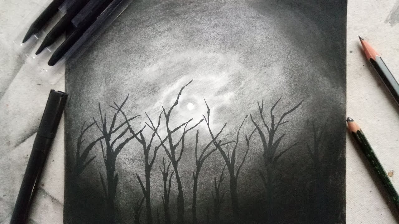 How To Draw Night Sky Forest with Charcoal Pencil ( Step by Step