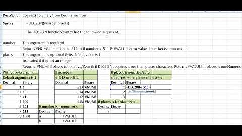 dec2bin function in excel