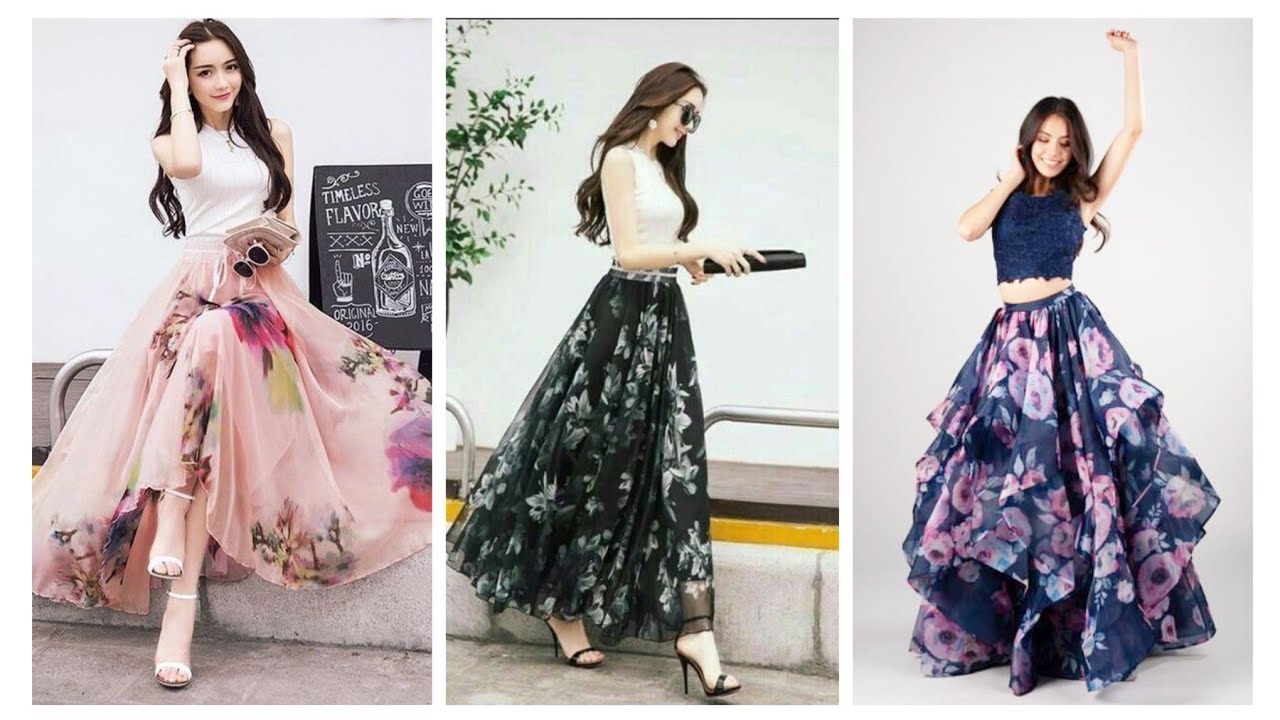 long skirts design/stunning floral print satin skirts / party wear