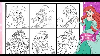 DISNEY PRINCESSES Group Coloring Page ARIEL AURORA VANELLOPE BELLE ANNA RAPUNZEL COLORED in Markers