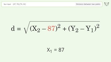 Find the distance between two points p1 (87,78) and p2 (70,16): Step-by-Step Video Solution