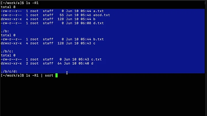 Linux: ls list files recursively in order or time and size