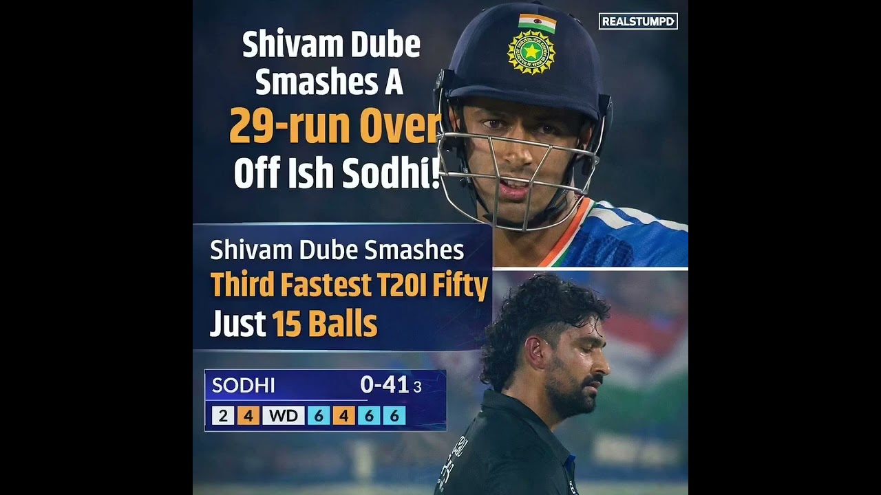 Shivam Dube Explodes! 29-Run Over Off Ish Sodhi & Record-Breaking Fifty in 15 Balls #cricket #short