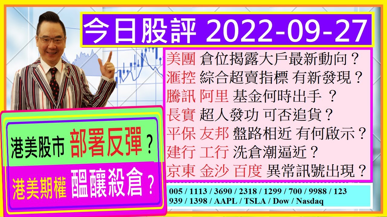 港美股市部署反彈？🤗/港美期權市場 醞釀殺倉？🤣/美團 大戶最新倉位👈/滙控 綜合超賣指標 有發現🙄 /騰訊 阿里 基金何時出手😘/長實  可否追貨🤑/平保 友邦 盤路相近有啟示🤔/2022-09-27