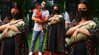 Neha Dhupia with her Baby Boy Discharged From Hinduja Hospital with Daughter Meher and Angad Bedi